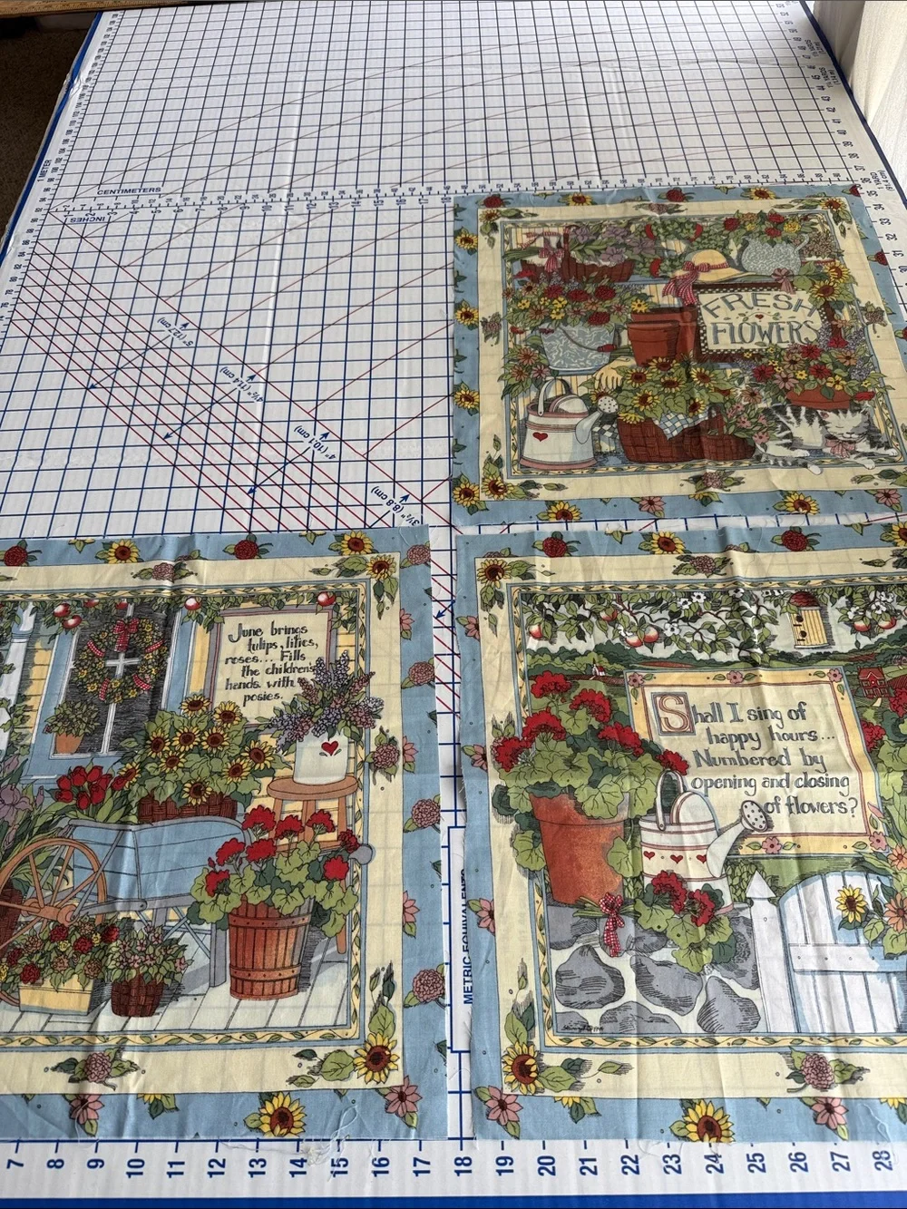 Vintage 1994 Susan Winget Garden Fabric Panels Lot of 3 Country Cottage Floral